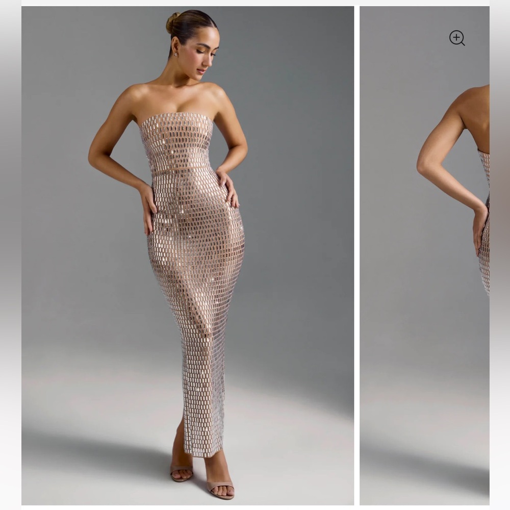 Oh Polly Amaya Embellished Bandeau Maxi Dress in Almond
